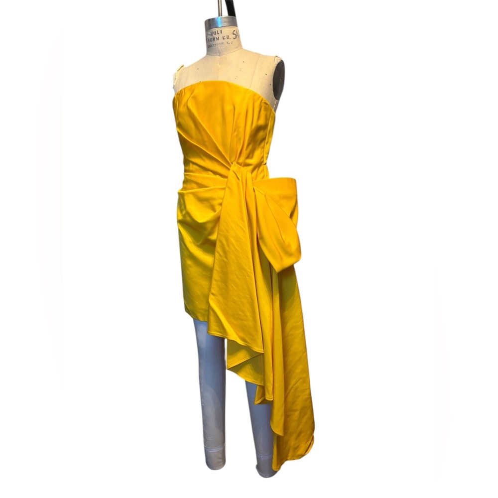 Carolina Herrera Draped Asymmetrical Strapless Yellow Bow Coctail Mini Dress S